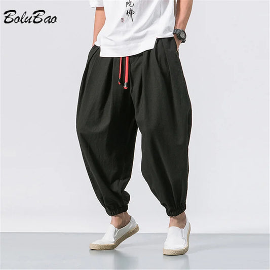 Baggy Harem Pants with Elastic Cuffs and Contrast Drawstring for Men