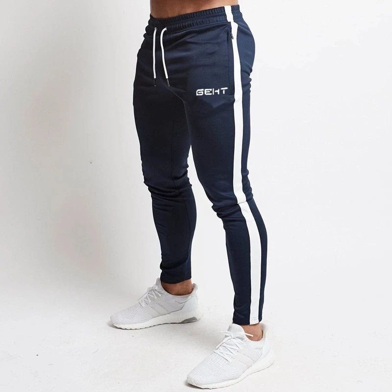 Men's Slim-Fit Jogger Pants with Side Stripes, Drawstring Waist, and Zippered Pockets for Athletic Wear