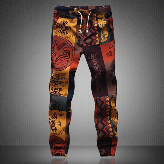 Men's Ethnic Print Drawstring Jogger Pants with Relaxed Fit and Beaded Accent