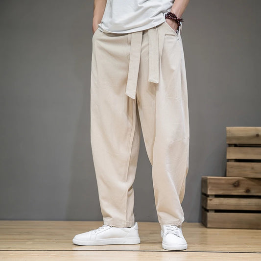 Loose Fit Harem Pants with Wraparound Belt and Casual Design for Men