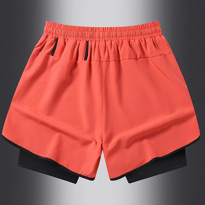 Men's Athletic Double-Layer Shorts with Elastic Waistband, Drawstring, and Bold Graphic Design