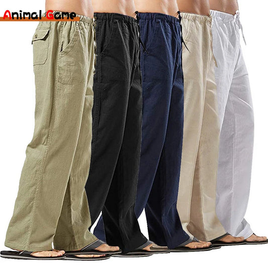 Men's Casual Relaxed Fit Linen Pants with Elastic Waistband and Drawstring Closure for Comfortable Beach and Summer Wear