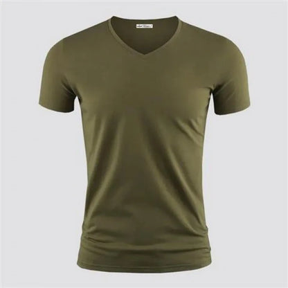 2024 Men's T Shirt Pure Color V Collar Short Sleeved Tops Tees Men T-Shirt Black Tights Man T-Shirts Fitness For Male Clothes