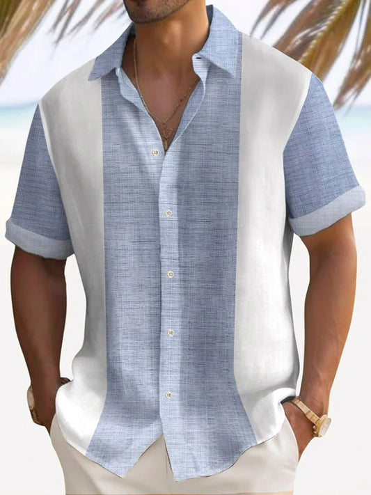 Casual Striped Panel Short-Sleeve Button-Down Shirt with Breathable Linen Blend Fabric for Men