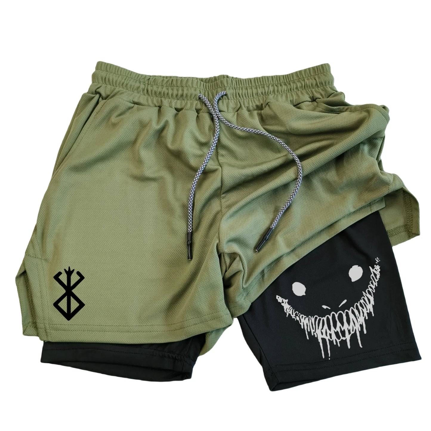 Men's Athletic Shorts with Dual-Layer Design, Smiling Skull Graphic, and Adjustable Drawstring Waistband