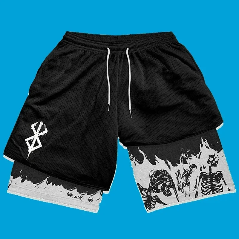 Men's Graphic Mesh Shorts with Built-in Compression Layer and Adjustable Drawstring Waistband