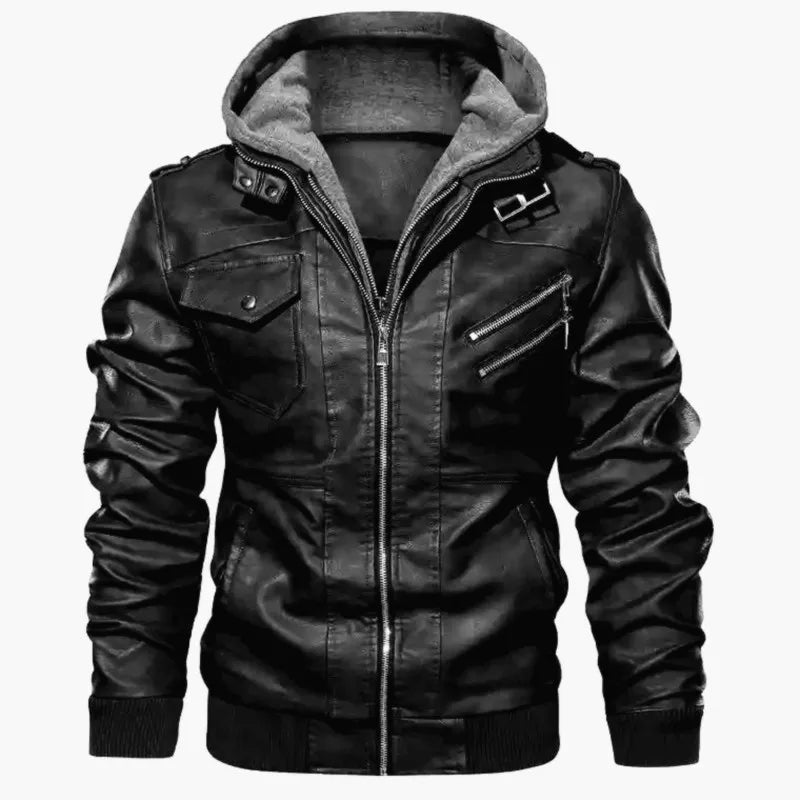 Men's Faux Leather Hooded Jacket with Zipper Pockets, Ribbed Cuffs, and Detachable Hoodie for Casual Streetwear