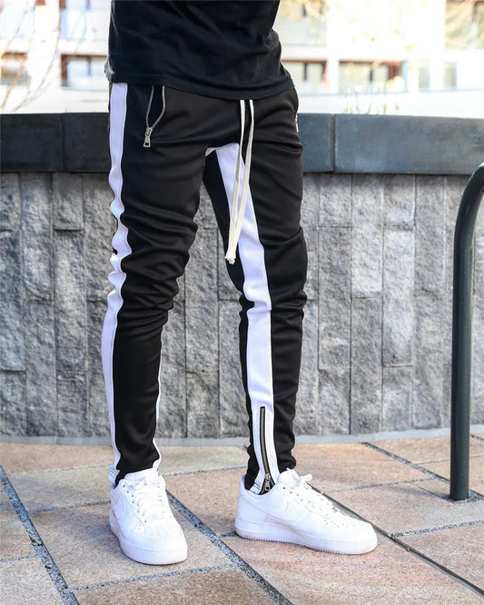 Men's Slim-Fit Track Pants with Contrast Side Stripes, Drawstring Waist, and Zippered Ankle Cuffs for Urban Style