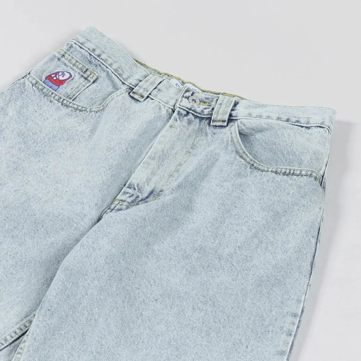 "Men's Relaxed Fit Denim Shorts with Classic Five-Pocket Design and Embroidered Character Accents, Featuring Durable Fabric and Comfortable Mid-Length Cut"