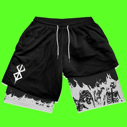 Men's Double-Layer Mesh Shorts with Skull and Flame Graphic Print, Elastic Waistband, and Drawstring Closure for a Bold Athletic Look