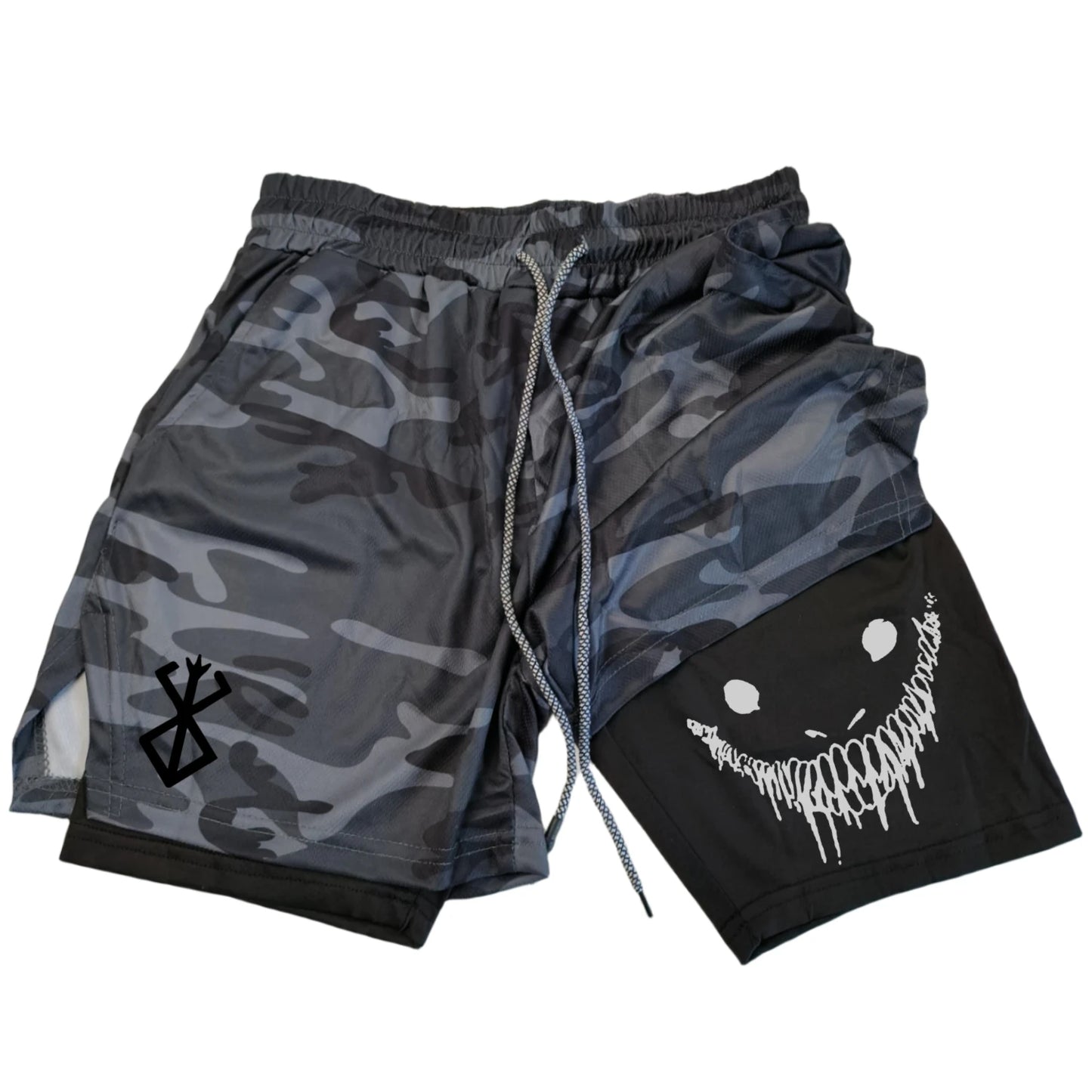 Men's Athletic Shorts with Dual-Layer Design, Smiling Skull Graphic, and Adjustable Drawstring Waistband