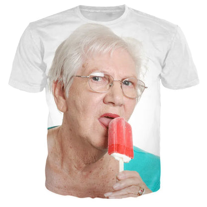 New Fashion Senior Women Licking Red Popsicle 3d Printed Summer Men's T-shirt Kawaii Grandma Fun Popsicle Short Sleeve Top 6xl