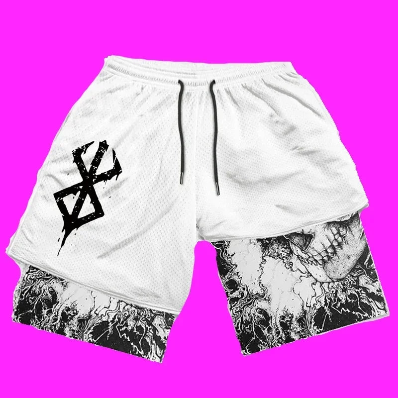 Men's Double-Layer Athletic Shorts with Bold Skull Print, Elastic Waistband, and Drawstring Closure for a Striking Look