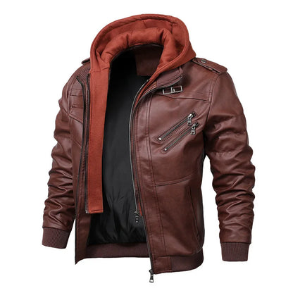 Men's Faux Leather Hooded Jacket with Zipper Pockets, Ribbed Cuffs, and Detachable Hoodie for Casual Streetwear