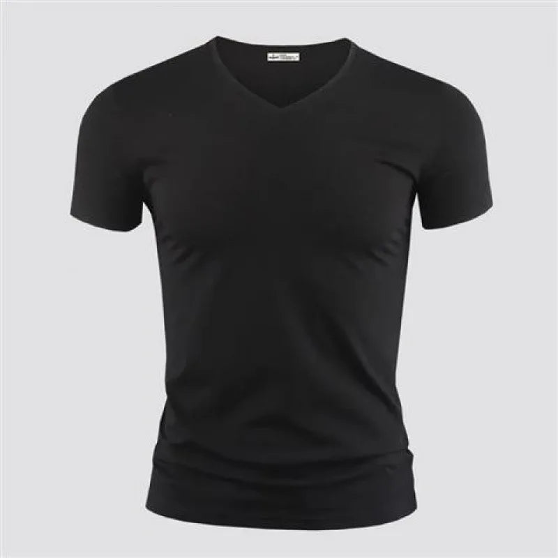 2024 Men's T Shirt Pure Color V Collar Short Sleeved Tops Tees Men T-Shirt Black Tights Man T-Shirts Fitness For Male Clothes