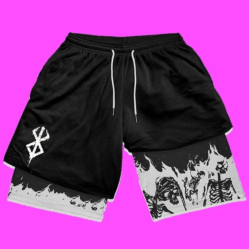 Men's Graphic Mesh Shorts with Built-in Compression Layer and Adjustable Drawstring Waistband