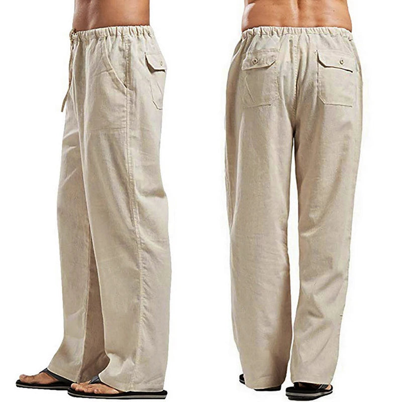 Men's Casual Relaxed Fit Linen Pants with Elastic Waistband and Drawstring Closure for Comfortable Beach and Summer Wear