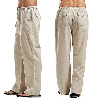 Men's Casual Relaxed Fit Linen Pants with Elastic Waistband and Drawstring Closure for Comfortable Beach and Summer Wear