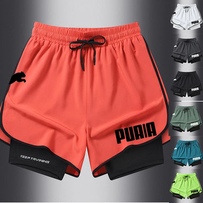 Men's Athletic Double-Layer Shorts with Elastic Waistband, Drawstring, and Bold Graphic Design