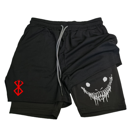 Men's Athletic Shorts with Dual-Layer Design, Smiling Skull Graphic, and Adjustable Drawstring Waistband