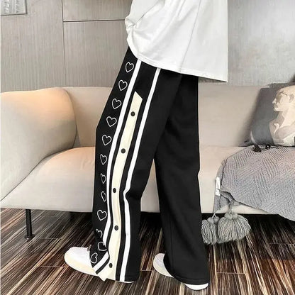 Relaxed Fit Track Pants with Heart Embellishments and Snap Button Accents