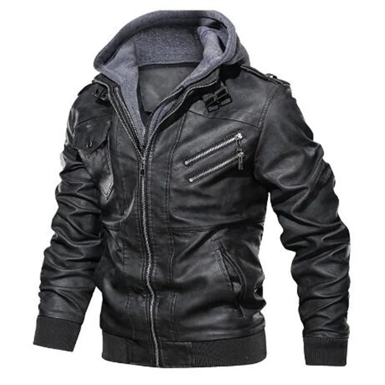 Men's Faux Leather Hooded Jacket with Zipper Pockets, Ribbed Cuffs, and Detachable Hoodie for Casual Streetwear