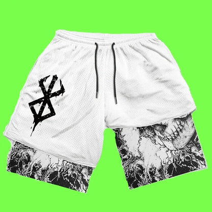 Men's Double-Layer Athletic Shorts with Bold Skull Print, Elastic Waistband, and Drawstring Closure for a Striking Look