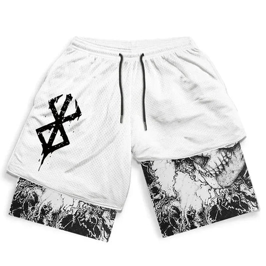 Men's Double-Layer Athletic Shorts with Bold Skull Print, Elastic Waistband, and Drawstring Closure for a Striking Look