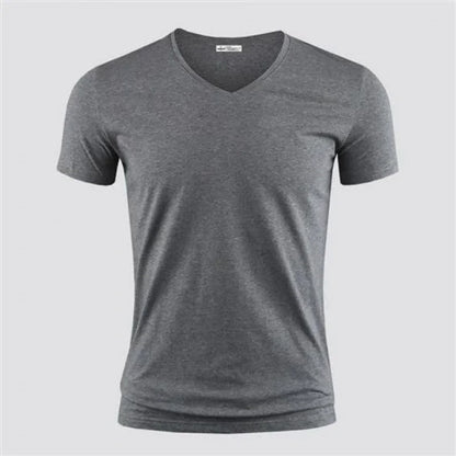 2024 Men's T Shirt Pure Color V Collar Short Sleeved Tops Tees Men T-Shirt Black Tights Man T-Shirts Fitness For Male Clothes