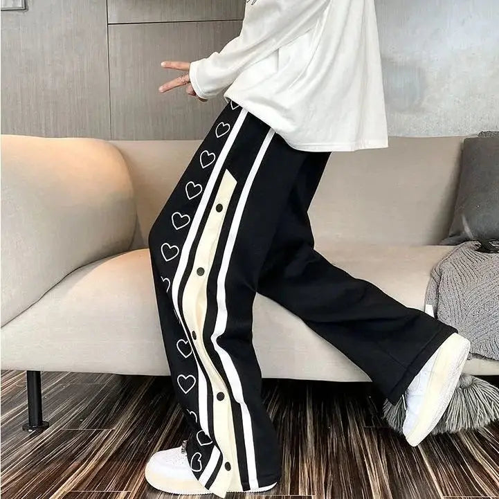 Relaxed Fit Track Pants with Heart Embellishments and Snap Button Accents