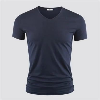 2024 Men's T Shirt Pure Color V Collar Short Sleeved Tops Tees Men T-Shirt Black Tights Man T-Shirts Fitness For Male Clothes