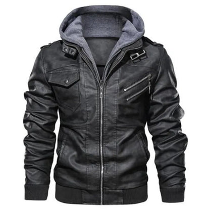 Men's Faux Leather Hooded Jacket with Zipper Pockets, Ribbed Cuffs, and Detachable Hoodie for Casual Streetwear