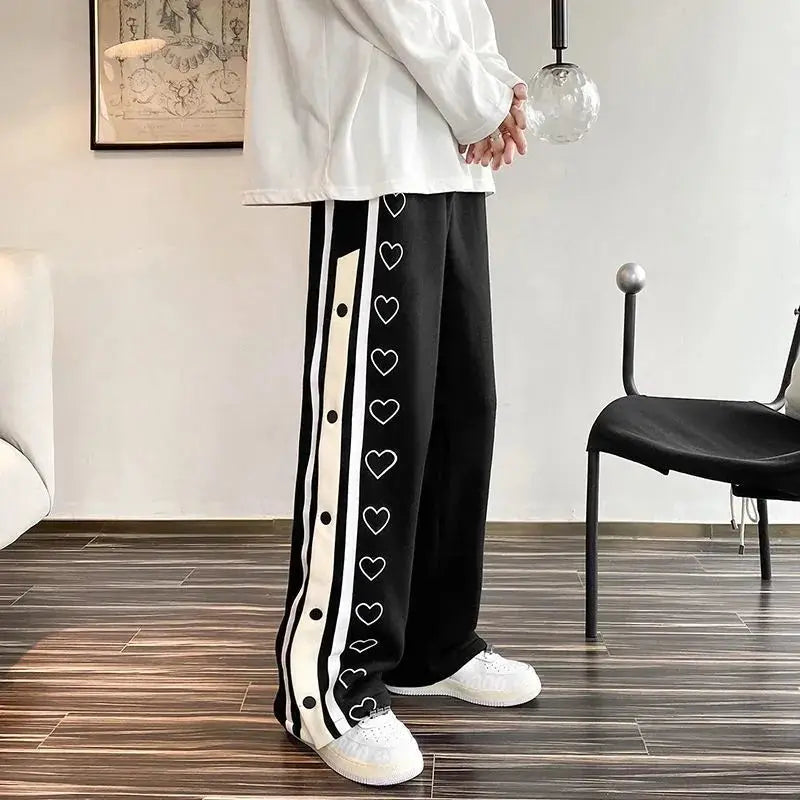 Relaxed Fit Track Pants with Heart Embellishments and Snap Button Accents