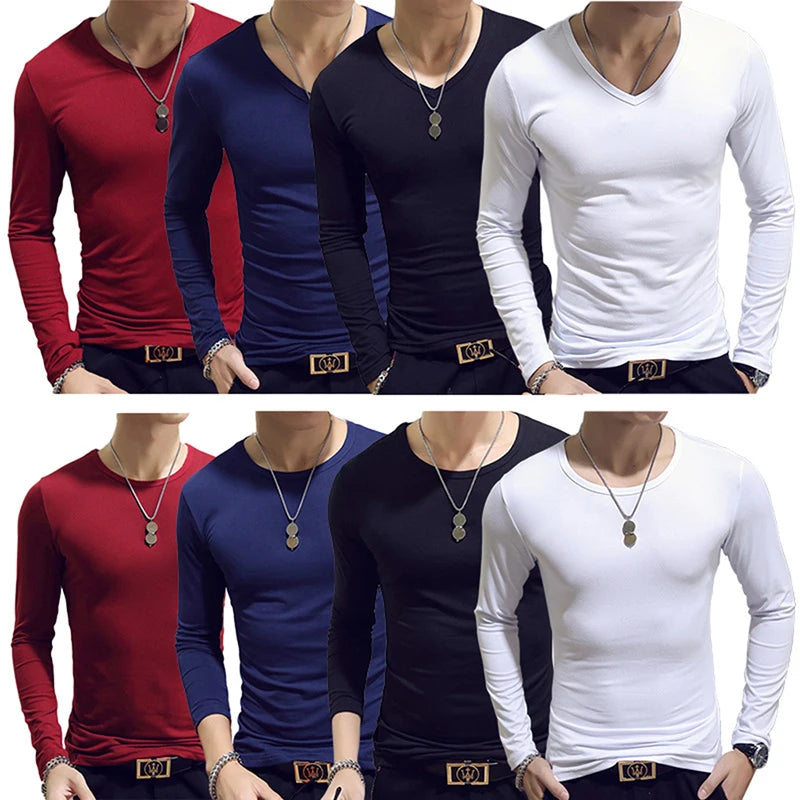 2020 Elastic Mens T-Shirt O-Neck Round Neck Long Sleeve Men T-Shirt For Male Lycra And Cotton T-Shirts Man Clothing