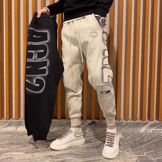 Men's Letter-Print Patchwork Jogger Pants with Drawstring Waist and Ribbed Cuffs