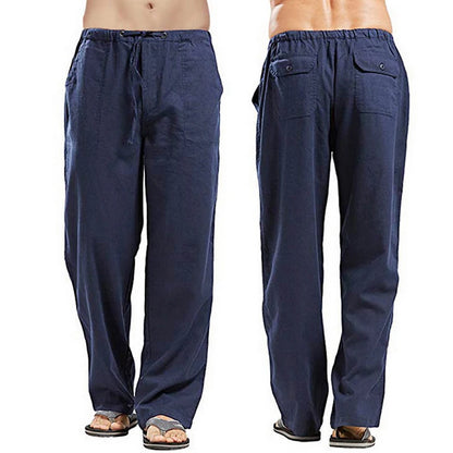 Men's Casual Relaxed Fit Linen Pants with Elastic Waistband and Drawstring Closure for Comfortable Beach and Summer Wear