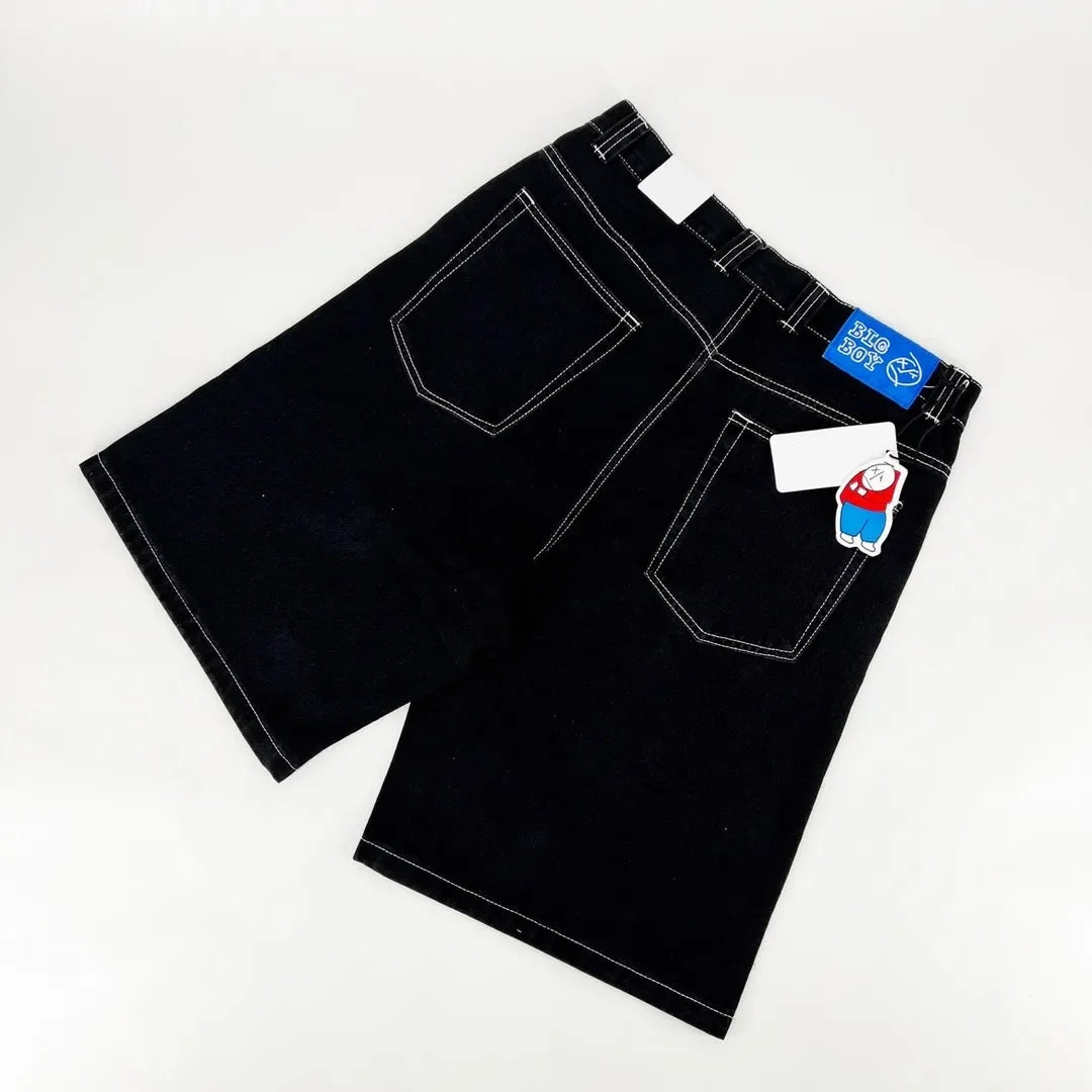 "Men's Relaxed Fit Denim Shorts with Classic Five-Pocket Design and Embroidered Character Accents, Featuring Durable Fabric and Comfortable Mid-Length Cut"