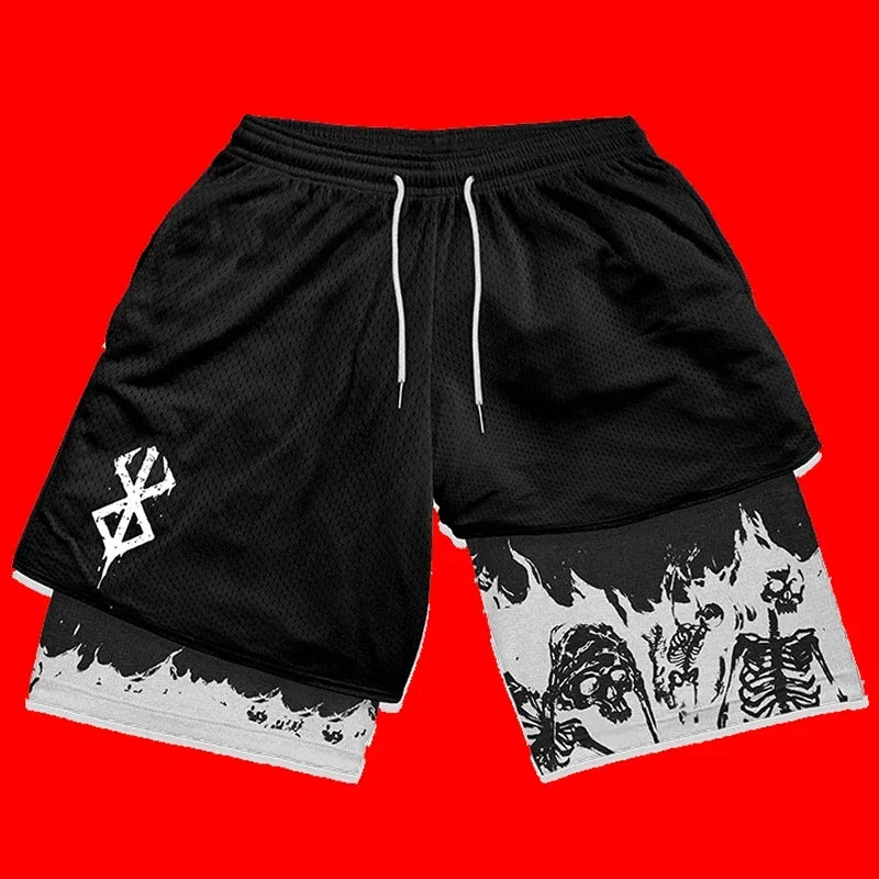 Men's Double-Layer Mesh Shorts with Skull and Flame Graphic Print, Elastic Waistband, and Drawstring Closure for a Bold Athletic Look