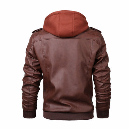 Men's Faux Leather Hooded Jacket with Zipper Pockets, Ribbed Cuffs, and Detachable Hoodie for Casual Streetwear