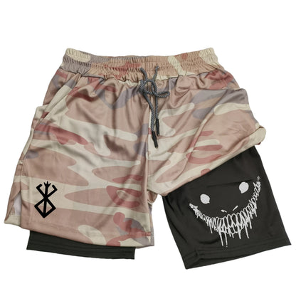 Men's Athletic Shorts with Dual-Layer Design, Smiling Skull Graphic, and Adjustable Drawstring Waistband