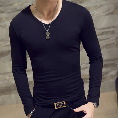 2020 Elastic Mens T-Shirt O-Neck Round Neck Long Sleeve Men T-Shirt For Male Lycra And Cotton T-Shirts Man Clothing