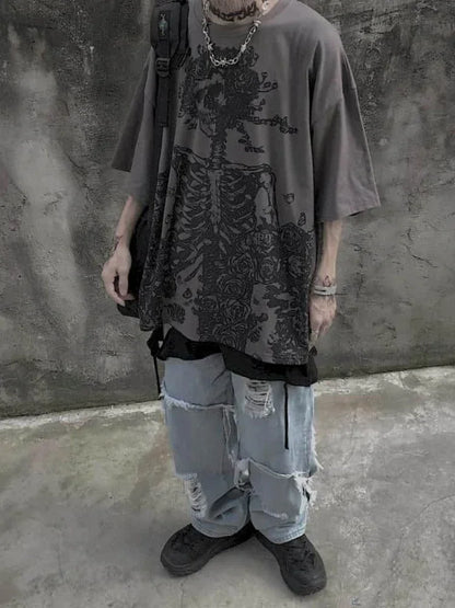 Oversized T-shirt Men 2023 Summer T-shirts Dark High Street Gothic Print Skull Cotton Short Sleeve Tee Harajuku T Shirt for Men