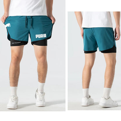 Men's Athletic Double-Layer Shorts with Elastic Waistband, Drawstring, and Bold Graphic Design