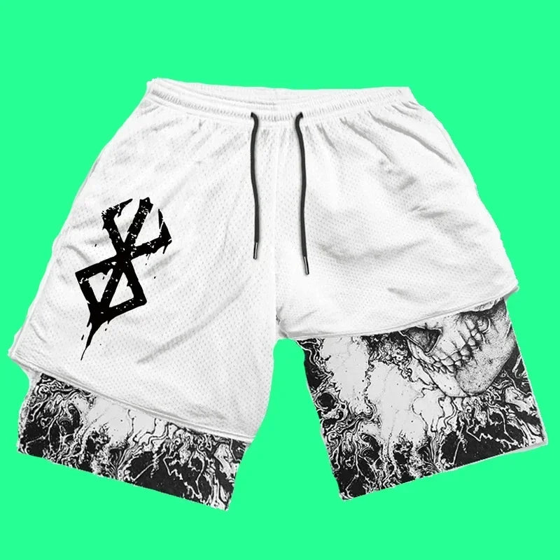 Men's Double-Layer Athletic Shorts with Bold Skull Print, Elastic Waistband, and Drawstring Closure for a Striking Look