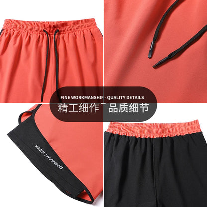 Men's Athletic Double-Layer Shorts with Elastic Waistband, Drawstring, and Bold Graphic Design