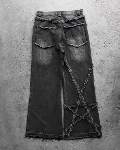 Vintage Distressed Wide-Leg Jeans with Unique Frayed Star Patchwork Design