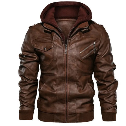 Men's Faux Leather Hooded Jacket with Zipper Pockets, Ribbed Cuffs, and Detachable Hoodie for Casual Streetwear