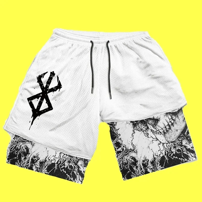 Men's Double-Layer Athletic Shorts with Bold Skull Print, Elastic Waistband, and Drawstring Closure for a Striking Look