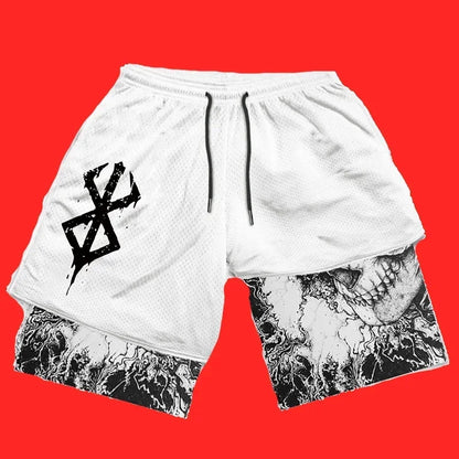 Men's Double-Layer Athletic Shorts with Bold Skull Print, Elastic Waistband, and Drawstring Closure for a Striking Look