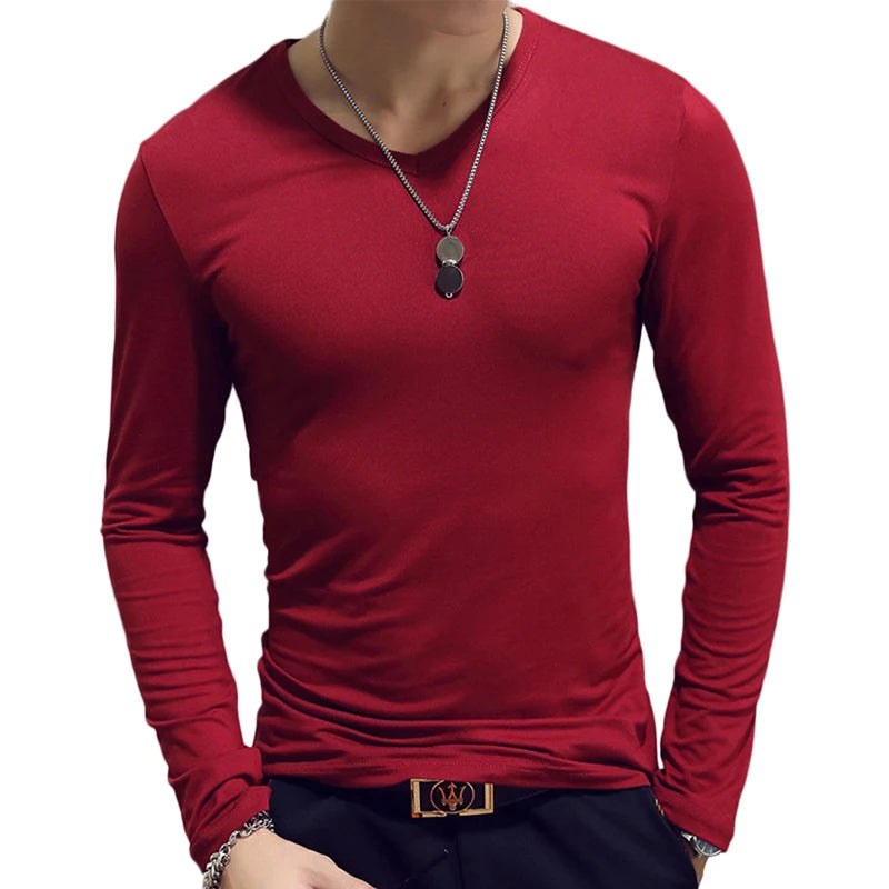 2020 Elastic Mens T-Shirt O-Neck Round Neck Long Sleeve Men T-Shirt For Male Lycra And Cotton T-Shirts Man Clothing